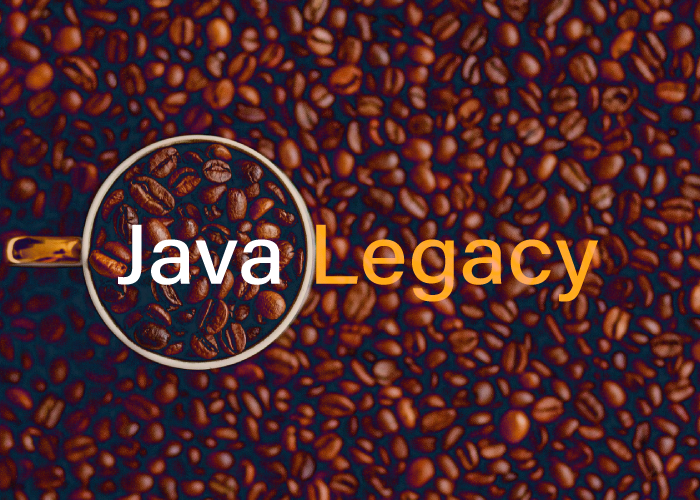 coffee beans with a coffee mug inside the mug it says'Java' and beside the mug it says 'legacy'